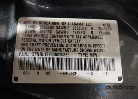 2003 Honda Odyssey Ex-L z USA, uszkodzony, nr VIN 5FNRL18933B095389